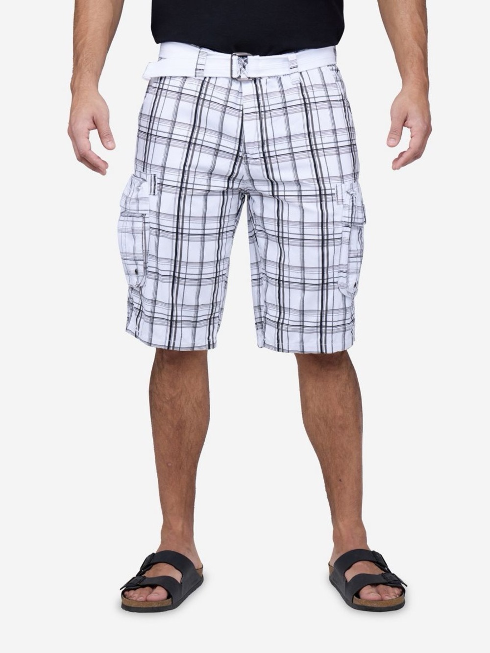 George White Plaid Cargo Shorts with Black Grid size 36